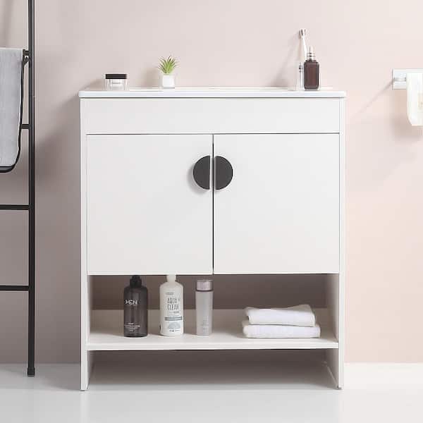grossag 30 in. W x 18 in. D x 32 in. H Single Sink Freestanding Bath Vanity in White with White Ceramic Top, Open Shelves
