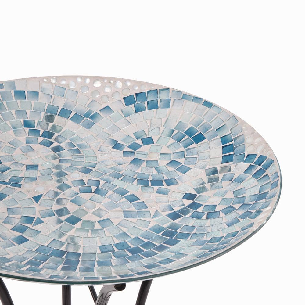 Blue Mosaic Glass Birdbath with Metal Stand, 24" Tall