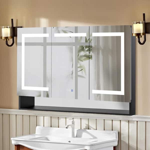 Satico 48 in. W x 32 in. H Rectangular Black Aluminum Surface/Recessed Mount Medicine Cabinet with Mirror and LED