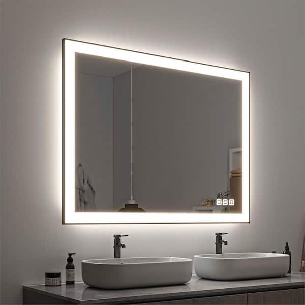 ORGANNICE 36 in. W x 40 in. H Rectangular Framed LED Anti-Fog Wall Mirror in Black with Backlit and Front Light