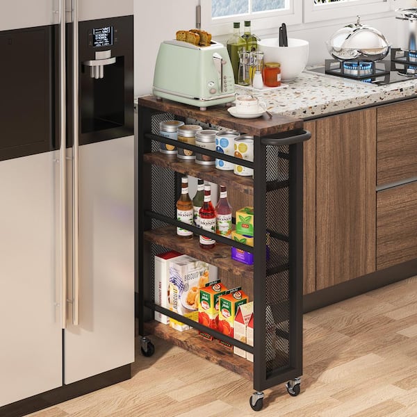 Clarine Rustic Brown 4-Tier Narrow Bar Cart with Wheels and Handle Storage Shelf for Small Space