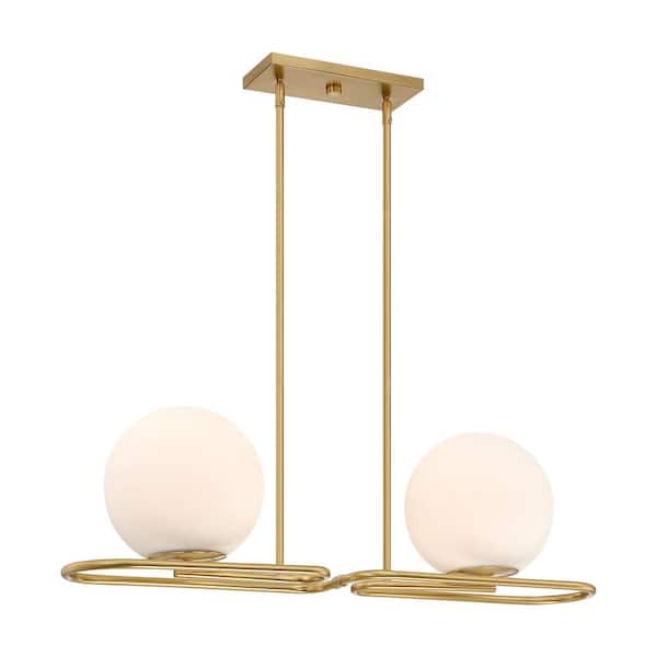 Designers Fountain Litho 60-Watt 2-Light Brushed Gold Mid-Century Modern Island Light with Etched Opal Glass Shades