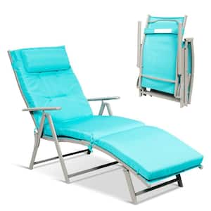 Metal Folding Outdoor Patio Chaise Lounge Adjustable Recliner with Blue Cushion