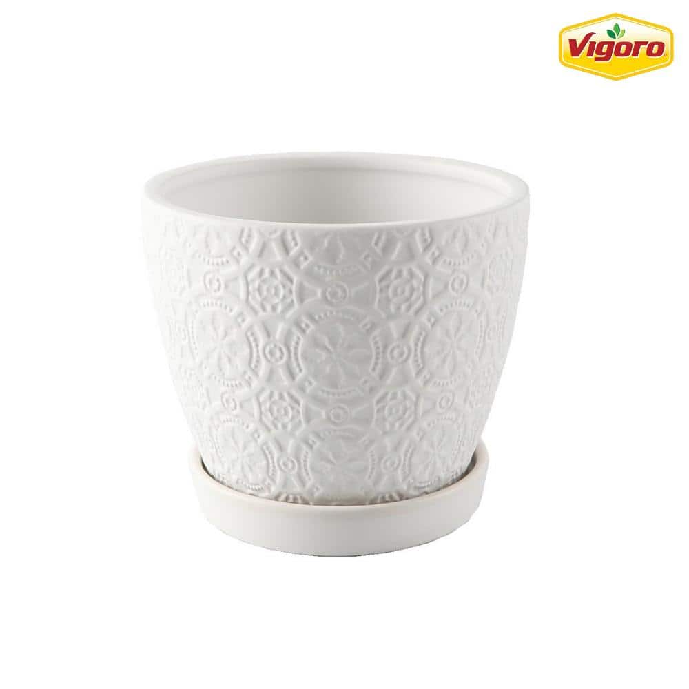 Vigoro 5.5 in. - Saucer Textured H) 4.8 D in. in. CT1485-MTWH Small Pot (5.5 Ceramic Chrysanthemum Home Attached x White with Depot The