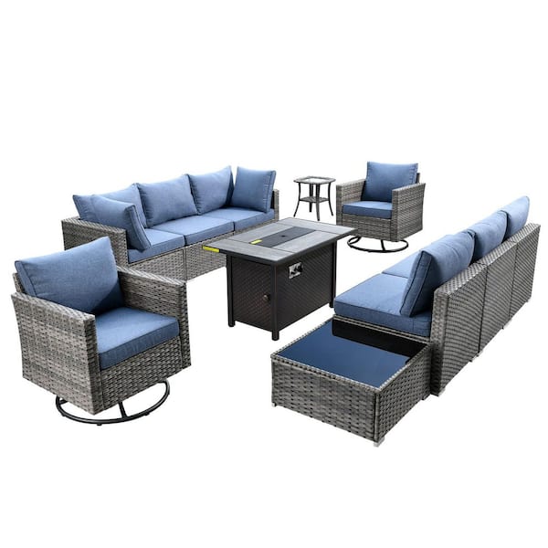 Messi Gray 11-Piece Wicker Patio Conversation Sectional Sofa Fire Pit Set with Swivel Chairs and Denim Blue Cushions