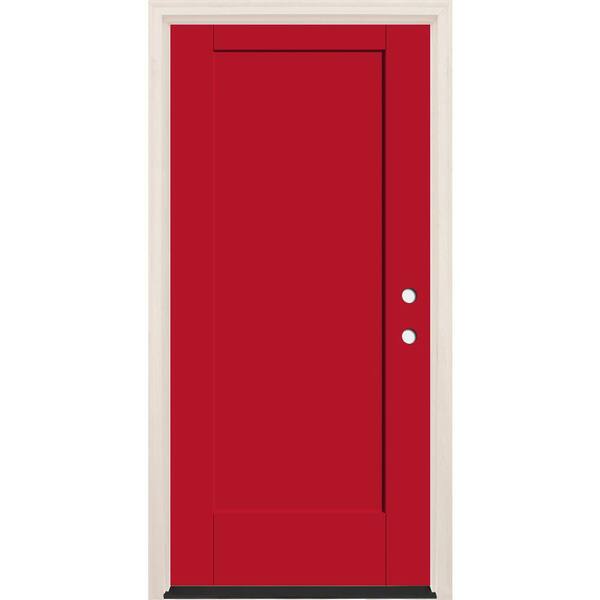 Builders Choice 36 in. x 80 in. 1 Panel Left-Hand Ruby Red Painted Fiberglass Prehung Front Door w/6-9/16 in. Frame and Bronze Hinges