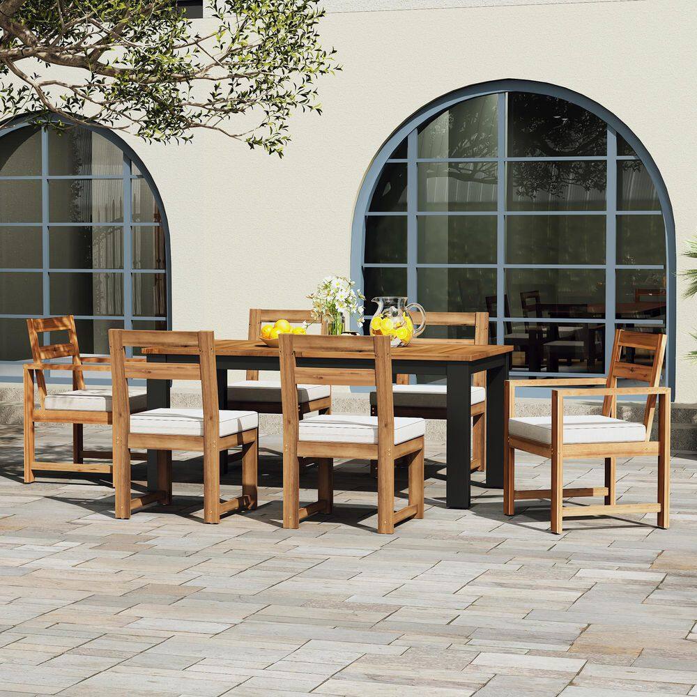 Light Teak 7-Piece Wood Outdoor Dining Set with Beige Cushions and Umbrella