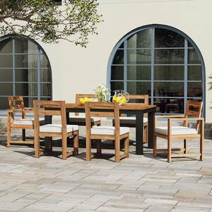 Harper & Bright Designs Light Teak 7-Piece Wood Outdoor Dining Set with ...
