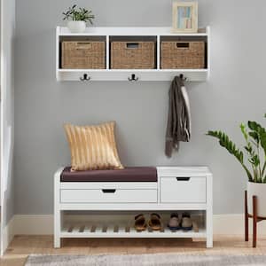 9.2 in. H x 40 in. W x 8.7 in. D White Wood Floating Decorative Cubby Wall Shelf with Hooks and Baskets