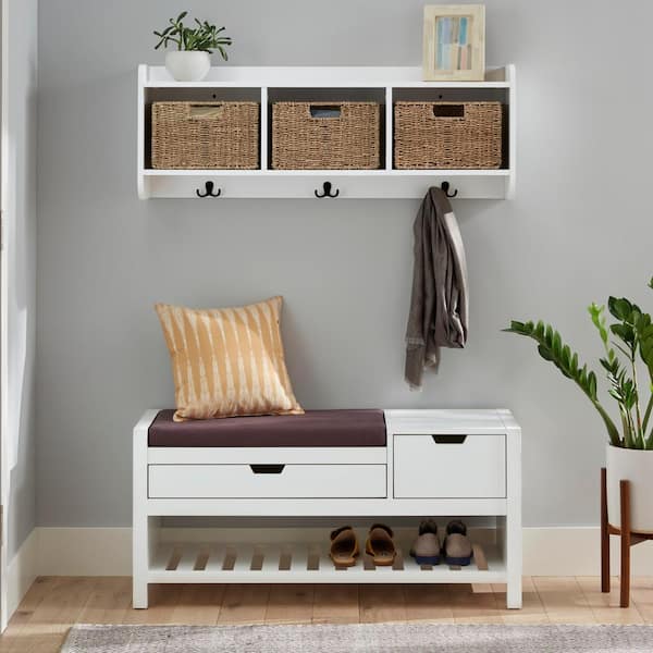 Home Decorators Collection 9.2 in. H x 40 in. W x 8.7 in. D White Wood Floating Decorative Cubby Wall Shelf with Hooks and Baskets