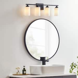 30 in. 4-Light Black Vanity Light with Frosted White Glass Shade