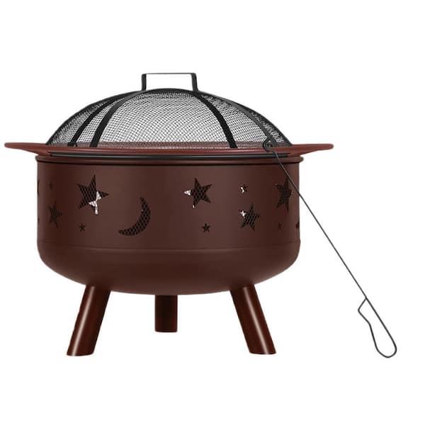 Oumilen 28 in. Fire Pit with Grill, Poker and Cover in Brown