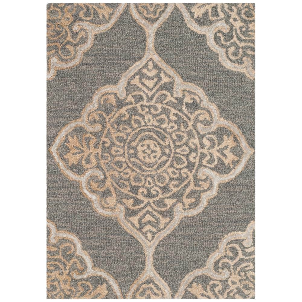 Hand-Tufted Slate & Beige Floral Wool-Silk Rectangular Rug