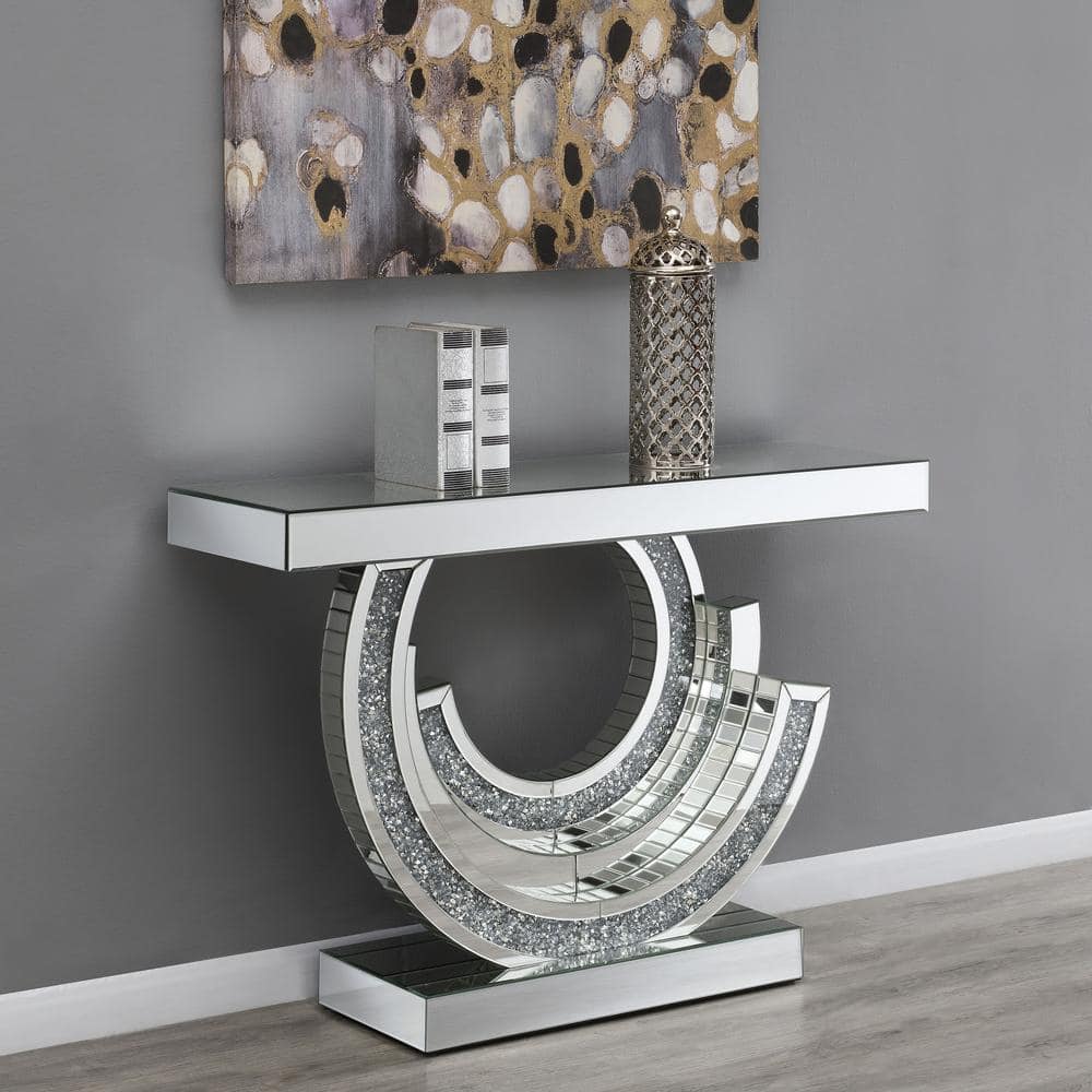 Silver Mirrored Rectangular Console Table with Glass Accents