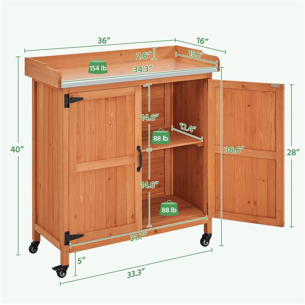 Brown Fir Wood Garden Potting Bench with Metal Tabletop