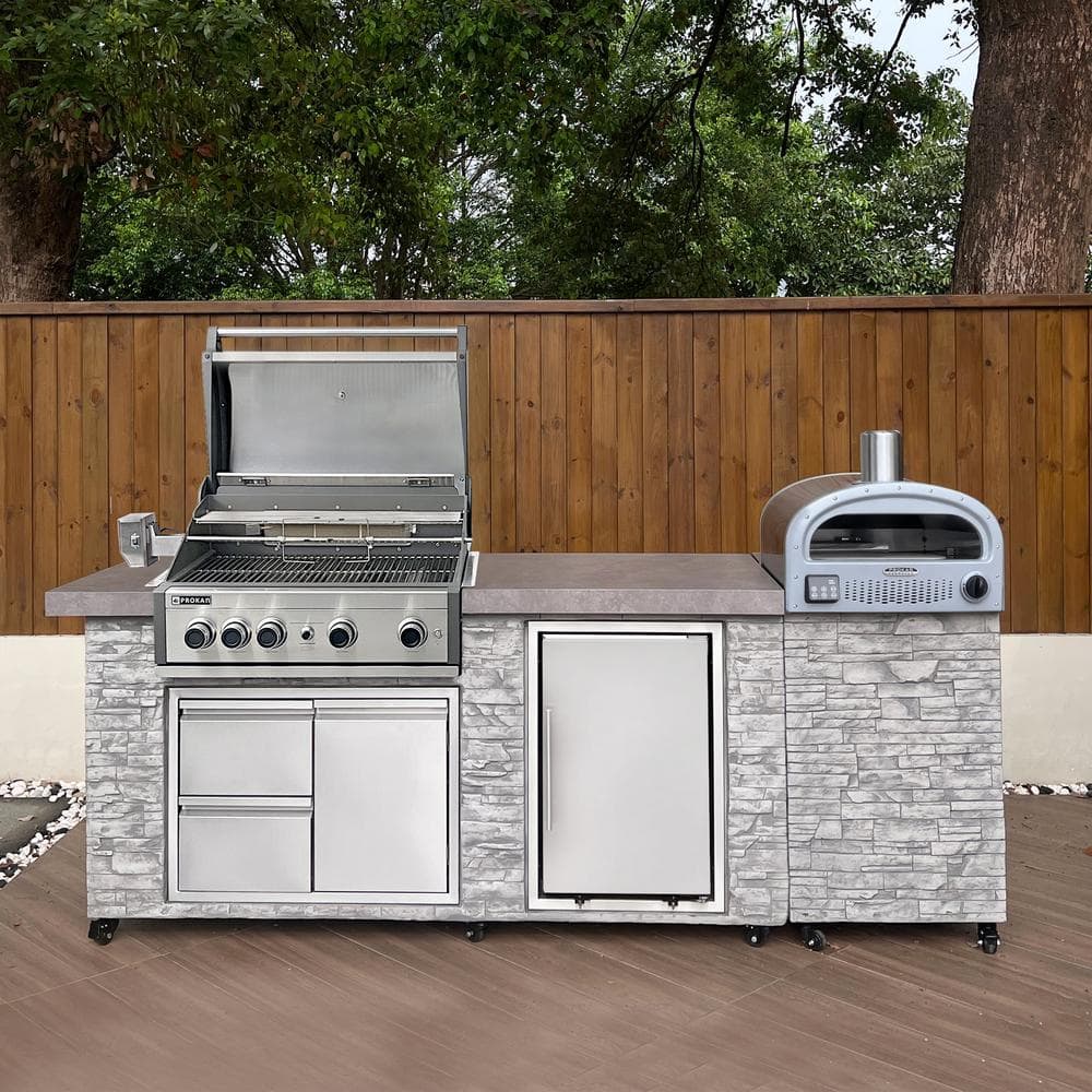 96 Inch Gray Stone Stainless Steel Propane Grill Island with Rotisserie