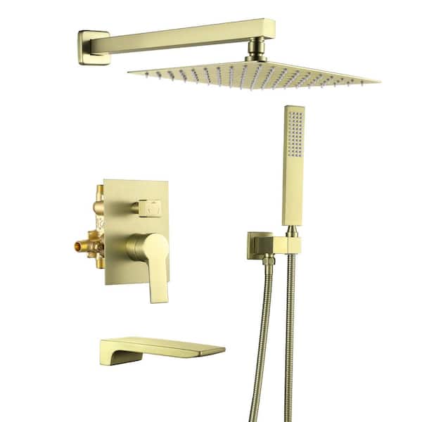 Inner Decor Gamble 1-Spray Patterns 10 in. Wall Mount Dual Shower Heads with Tub Faucet Anti-Microbial Nozzles in Brushed Gold