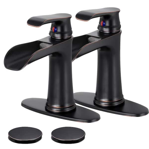 Single Handle Single Hole Waterfall Bathroom Faucet with Deckplate pop drain Included in Oil Rubbed Bronze (2-pack)