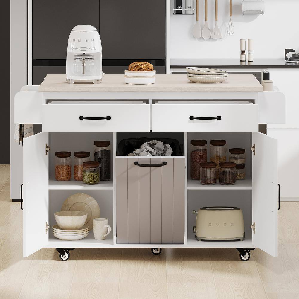 Gray Wood 51 in. Kitchen Island with 5 Wheels and 2 Drawers, Towel Rack, Trash Can Storage Cabinet, Drop Leaf