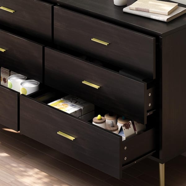 FUFU&GAGA 6-Drawers Black Wood Dresser Storage Cabinet Organizer with Metal Leg 54 in. W x 15.6 in. D x 30.1 in. H