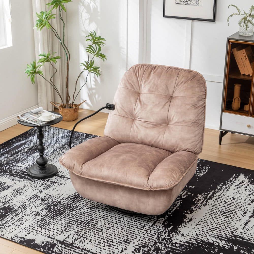 Light Brown Velvet Occasional Chair, Reclining Chair with Swivel, Glide, Rock, and Phone Holder