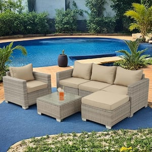 6-Piece Wicker Outdoor Patio Conversation Seating Set with Beige Cushions