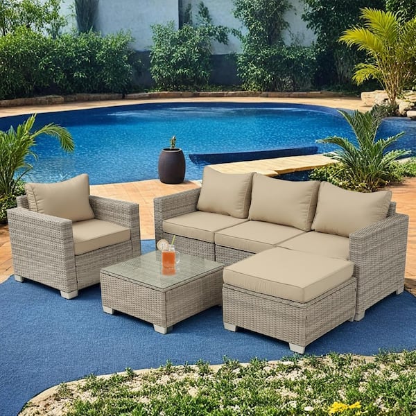 fiziti 6-Piece Wicker Outdoor Patio Conversation Seating Set with Beige ...