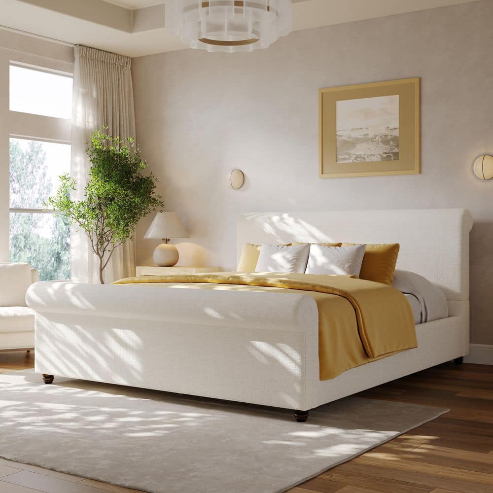 Sabley Modern White Linen Fabric Upholstered Wood Frame Queen Size Platform Bed w/ Thick Rolled Headboard and Footboard price history on PriceWatchPro