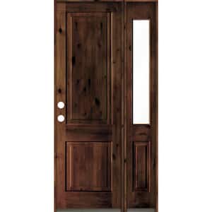 44 in. x 96 in. knotty alder Right-Hand/Inswing Clear Glass Red Mahogany Stain Square Top Wood Prehung Front Door w/RHSL