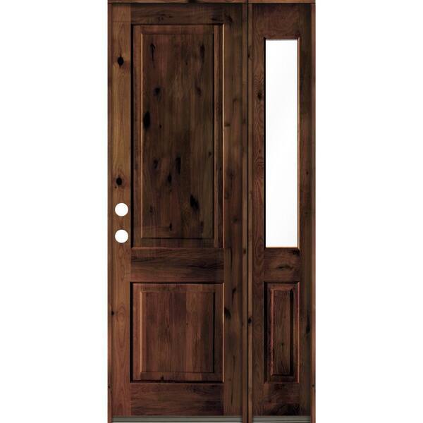 Krosswood Doors 44 in. x 96 in. knotty alder Right-Hand/Inswing Clear Glass Red Mahogany Stain Square Top Wood Prehung Front Door w/RHSL