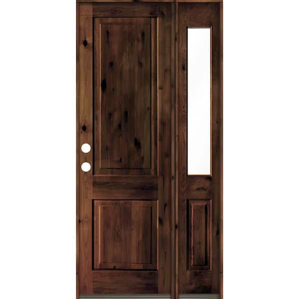 Krosswood Doors 46 in. x 96 in. knotty alder Right-Hand/Inswing Clear Glass Red Mahogany Stain Square Top Wood Prehung Front Door w/RHSL