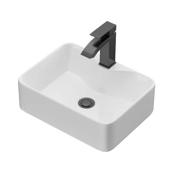 16 in. Rectangular Bathroom Ceramic Vessel Sink Basin in White with Black Faucet and Overflow Drain