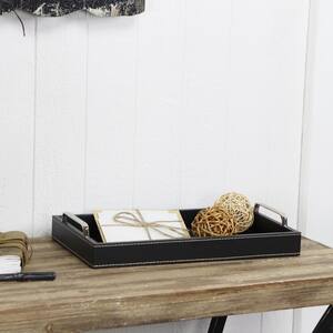 Black faux leather tray with side chrome handles and threaded trim