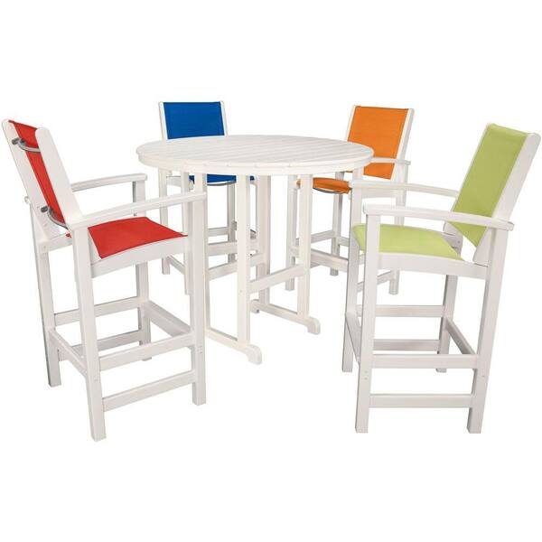 Hanover Nassau 5-Piece All-Weather Round Patio Bar-Height Dining Set with Multi-Color Seats