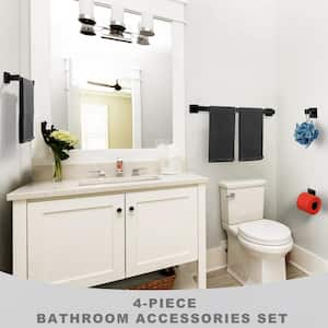 4-Piece Stainless Steel Bath Hardware Set with Towel/Robe Hook, Towel Bar/Rack and Toilet Paper Holder in Black