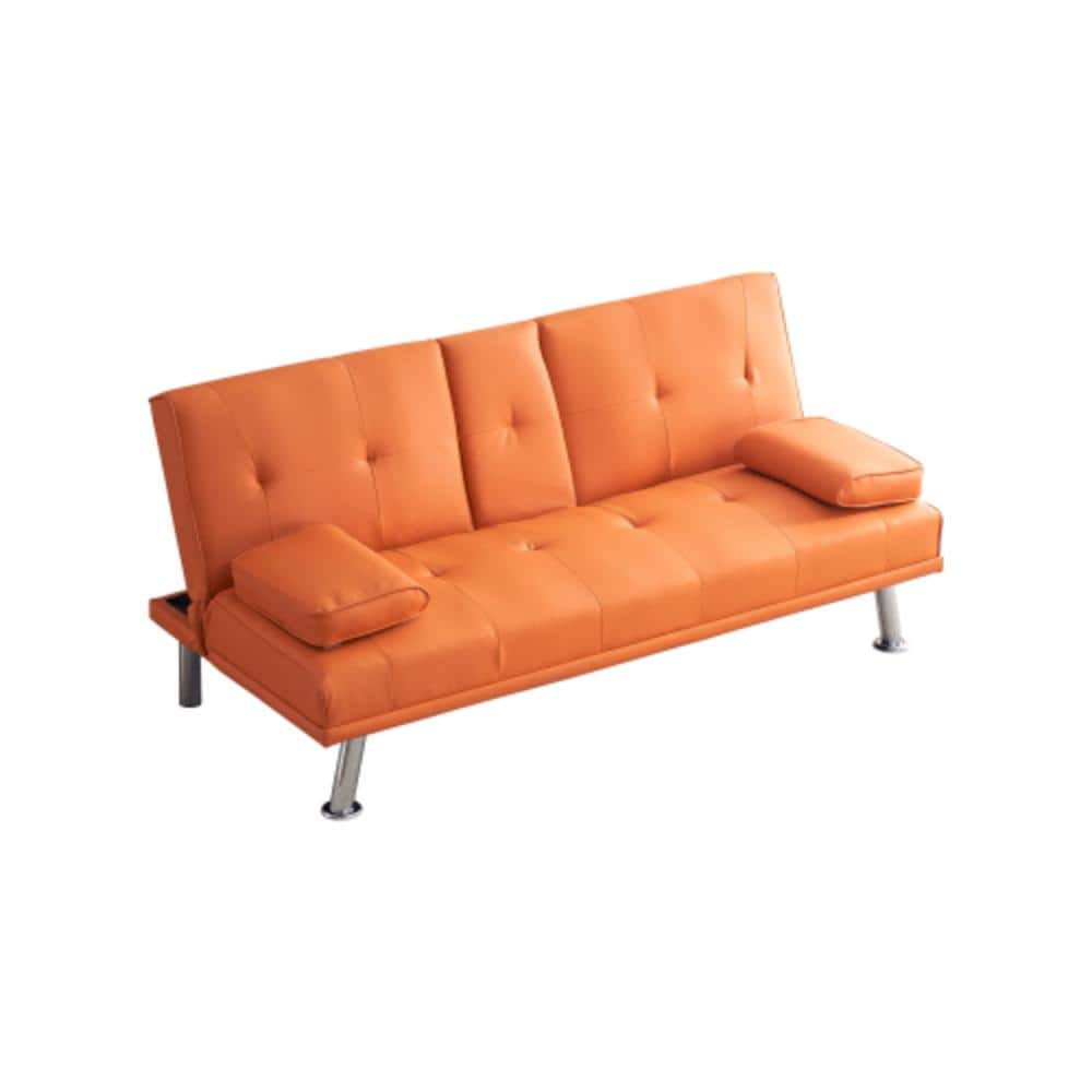 67 in. Orange PU Leather Double Fold Sofa Bed with Coffee Table, Multifunctional Sleeper for Living Room