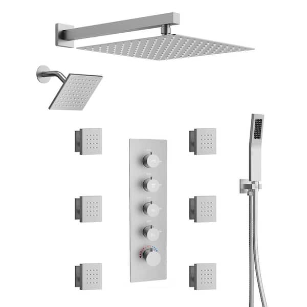 5 Handles Thermostatic Valve 14-Spray 16 in. x 6 in. 2. 5GPM Dual Wall Mount and Handheld Shower Head in Brushed Nickel