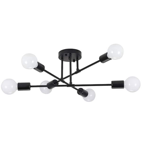 ADSENSTY 20.66 in. 6-Light Black Sputnik Modern Semi-Flush Mount Ceiling Light