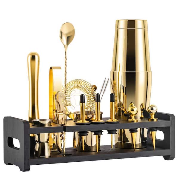 24-Piece Gold Stainless Steel Cocktail Shaker Set with Stand, Velvet Carry Bag and Recipes Cards for Home Bartending