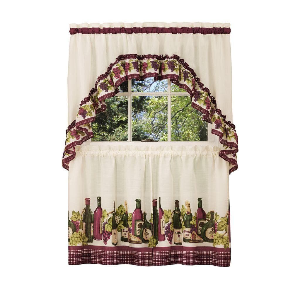 Ivory and Wine Cotton Polyester Tier Curtain Set with Rod Pocket