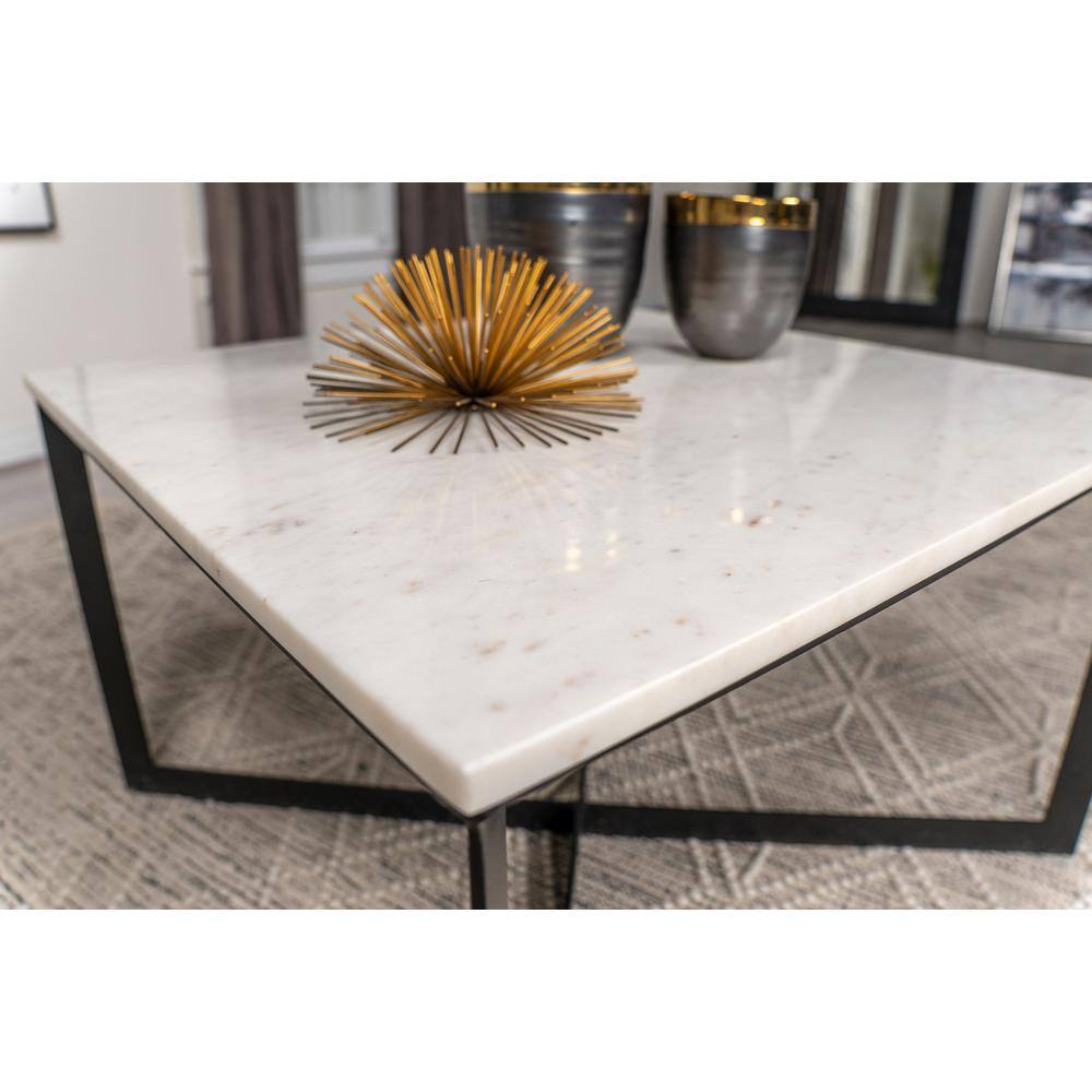 Tobin Square White Marble Top Coffee Table with Black Metal Frame
