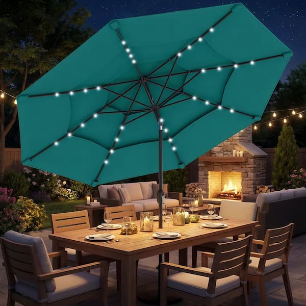 3 tier patio umbrella with lights Dracelo 9.7 ft Outdoor Patio Umbrella in Teal with Solar LED Lights, 3-Tier  Outdoor Table Umbrella with Tilt, Crank GT-1829