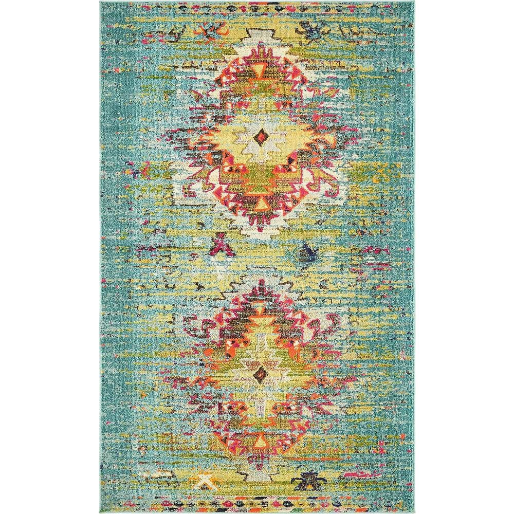 Abstract Blue Synthetic 5' x 8' Easy-Care Rectangular Rug