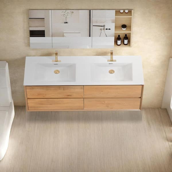 Aeroline 60 in. W x 19.29 in. D x 25.59 in. H Double Sink Float Wood Bath Vanity with White Resin Integral Top Assembled