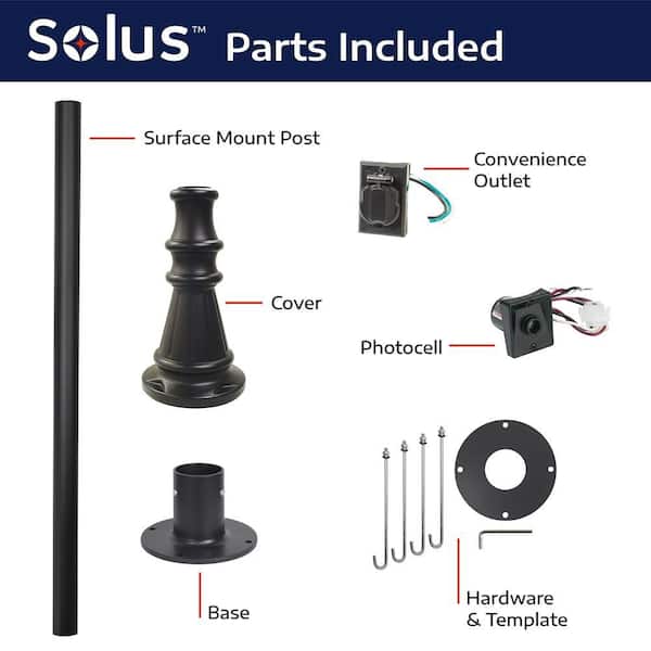 SOLUS 6 ft. Black Outdoor Surface Mount Lamp Post with Convenience