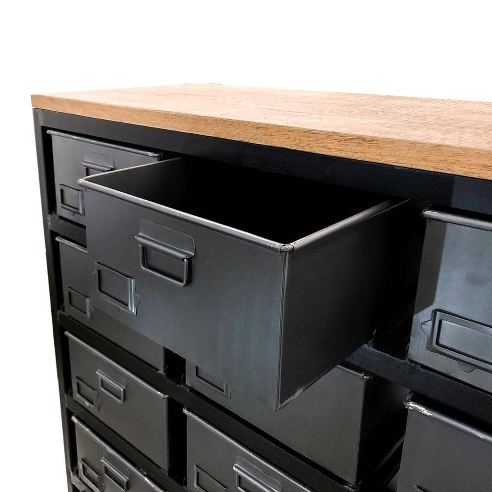 Gray Metal and Mango Wood Office Storage Cabinet with Bins