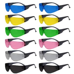 Keystone Series Safety Glasses,Color Lens, Black Temple 2 Pairs of Blue, Black, Yellow, Green, Pink, and Grey (12 Pairs)