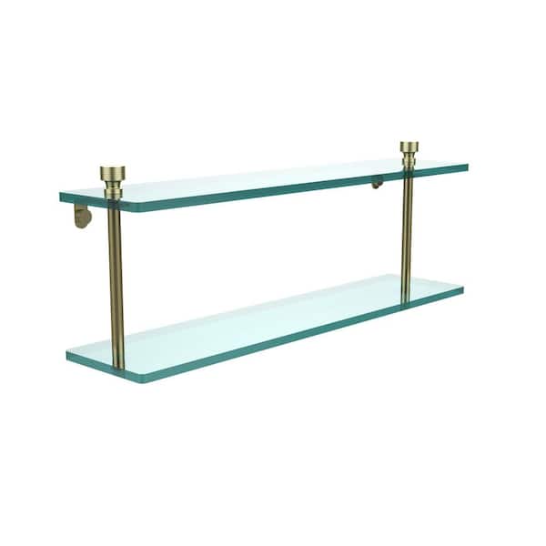 Allied Brass Foxtrot 22 in. L x 8 in. H x 5 in. W 2-Tier Clear Glass Bathroom Shelf in Satin Brass