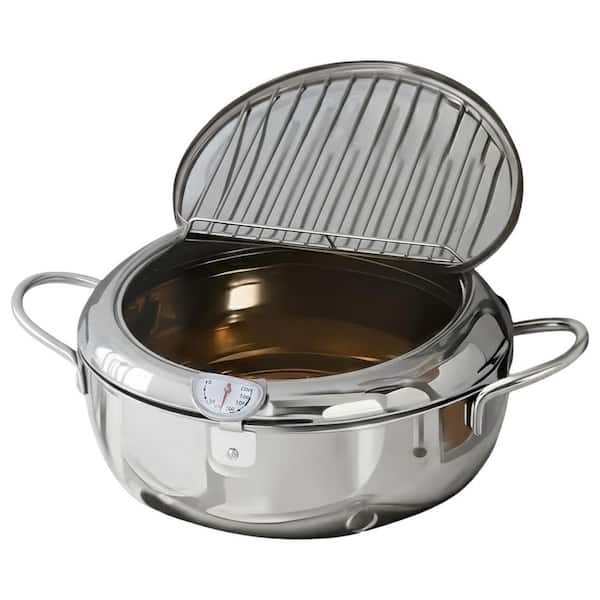 4.2 qt. Stainless Steel Stock Pot in Silver with Lid Thermometer and Food Clip for Deep Frying and Cooking