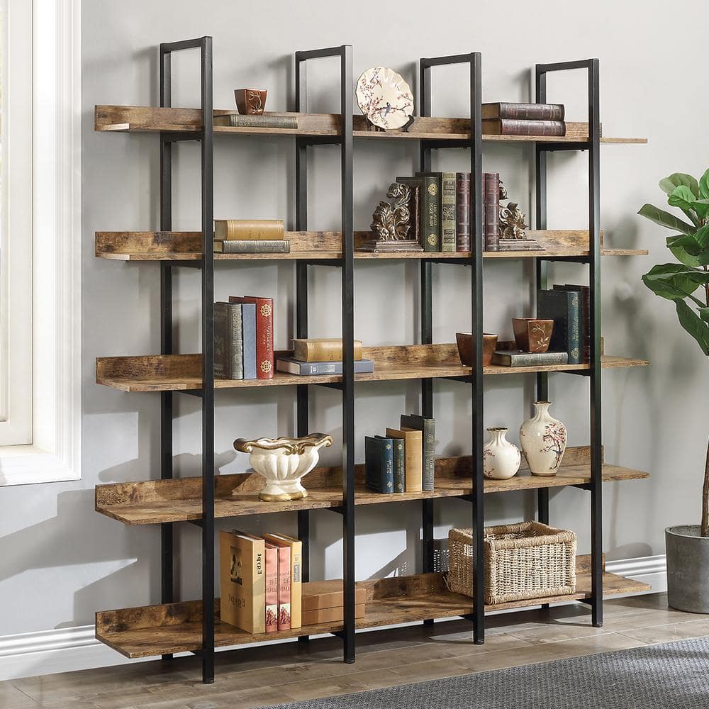 YOFE 70.87 in. Brown MDF Board Wooden 5-Shelf Accent Bookcase with ...